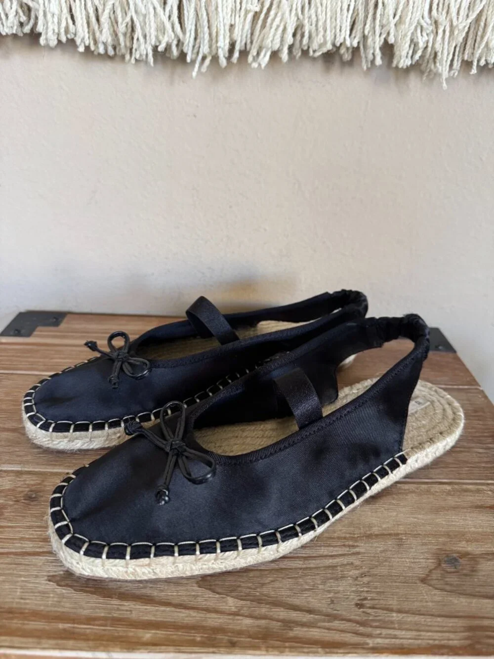 ZARA Black Satin Bow Square Toe Box Maryjane Sling Back Espadrille Flats Size 37